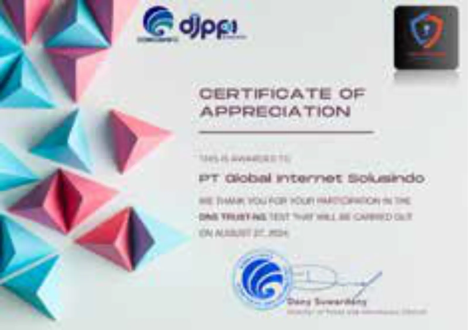 Certificate of Appreciation — DNS Trust