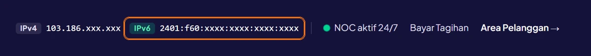Badge alamat IP di bagian atas situs gis.net.id yang menampilkan label IPv6 beserta alamatnya