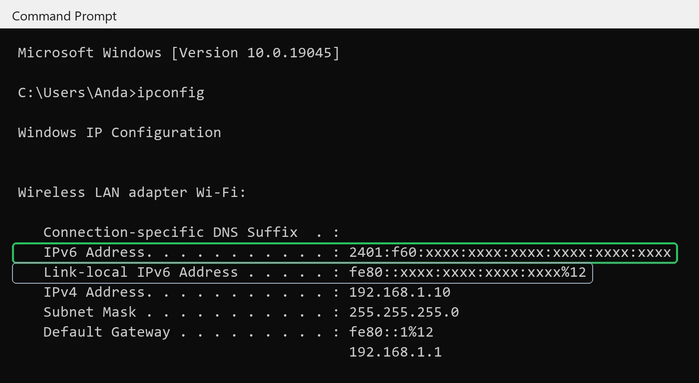 Hasil perintah ipconfig di Command Prompt Windows yang menampilkan alamat IPv6 global dan alamat link-local fe80