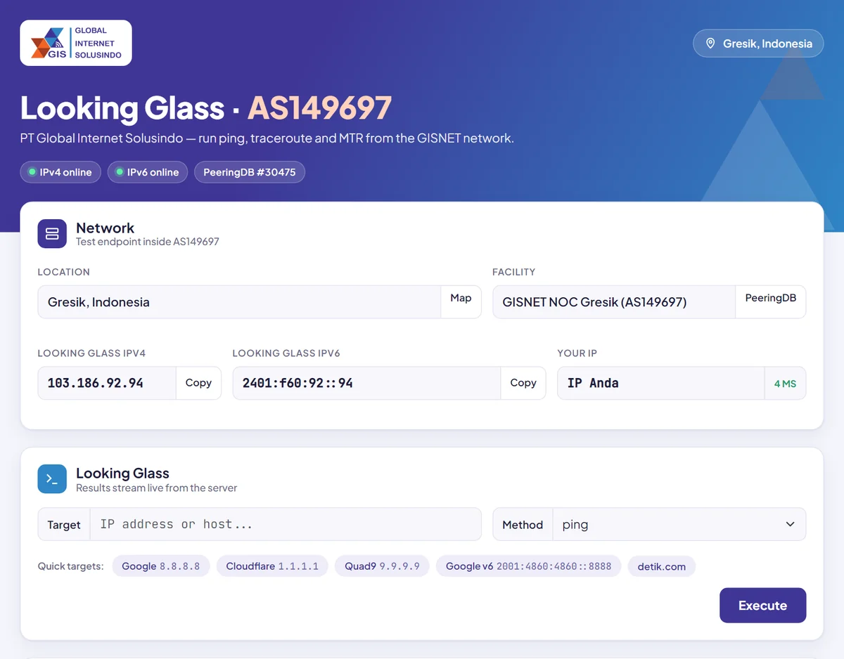 Halaman Looking Glass GISNET AS149697 untuk menjalankan ping, traceroute, dan MTR dari jaringan GISNET di Gresik