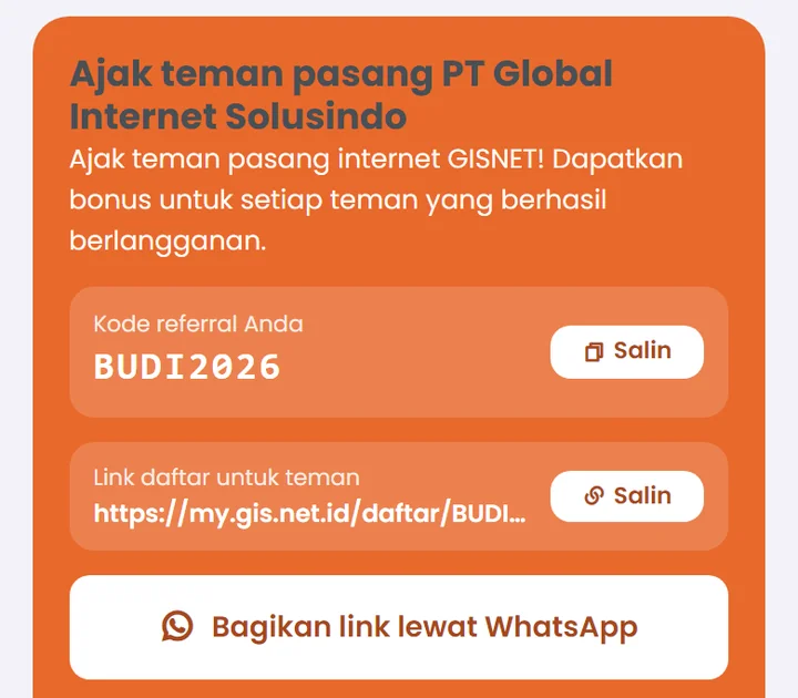 Halaman Ajak Teman di Portal Pelanggan GISNET berisi kode referral, link daftar, dan tombol bagikan lewat WhatsApp