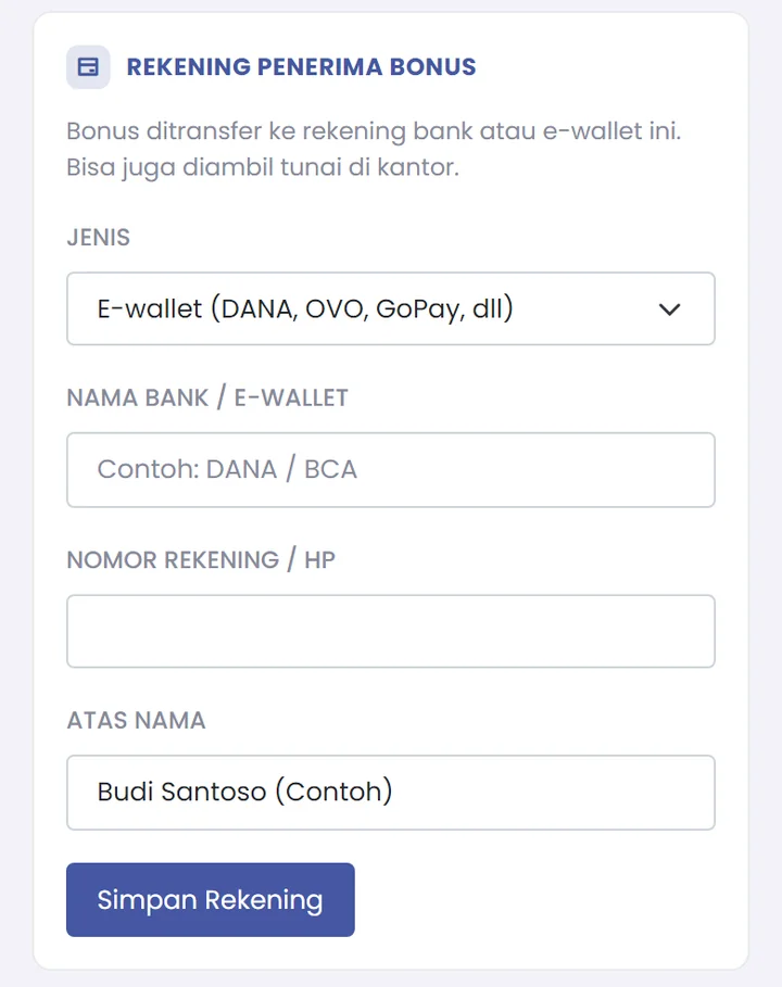 Form Rekening Penerima Bonus di Portal Pelanggan GISNET: jenis, nama bank atau e-wallet, nomor, dan atas nama