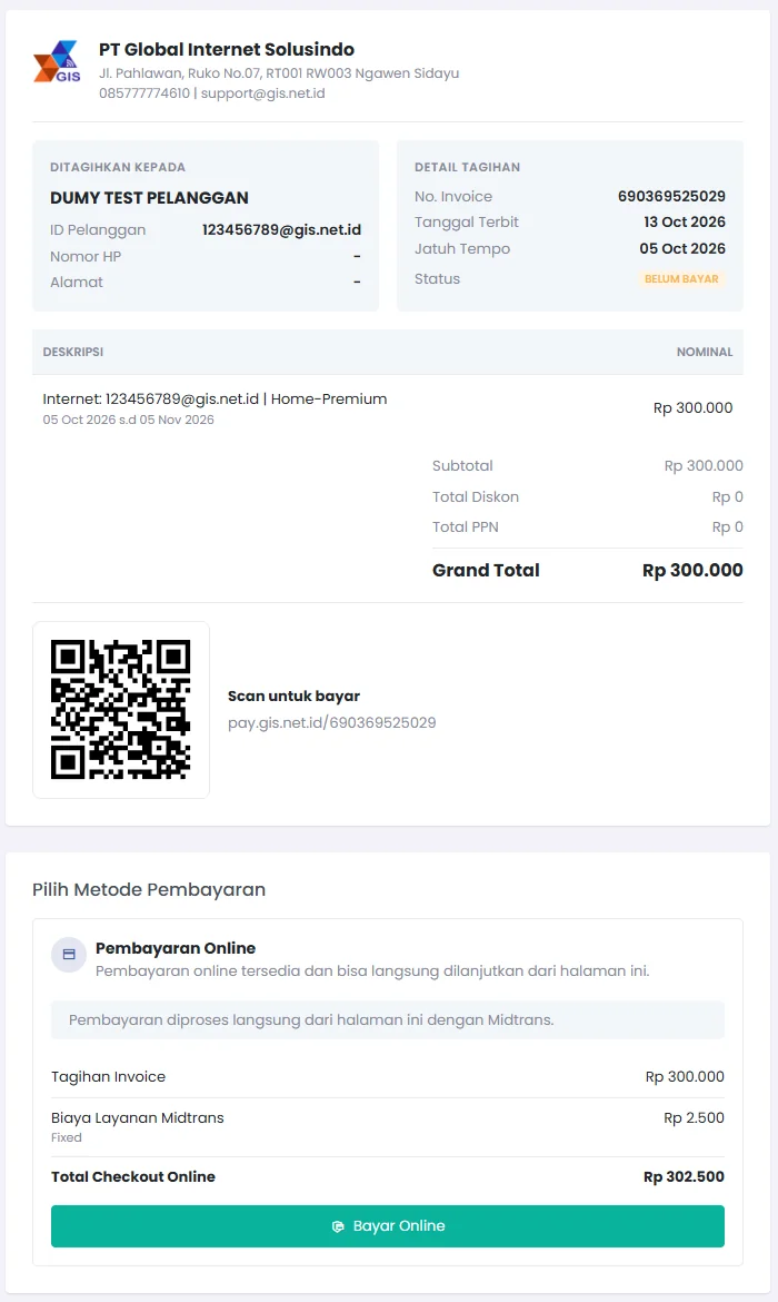 Halaman tagihan pay.gis.net.id dengan status Belum Bayar dan tombol Bayar Online