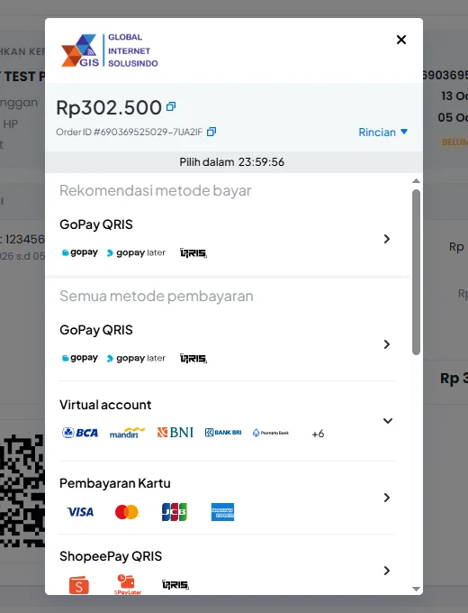 Jendela Midtrans berisi pilihan QRIS, Virtual Account, kartu, dan ShopeePay