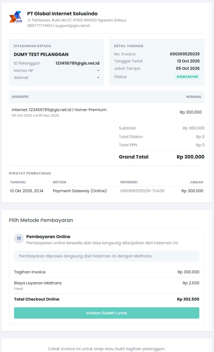 Halaman tagihan dengan status Sudah Bayar dan riwayat pembayaran
