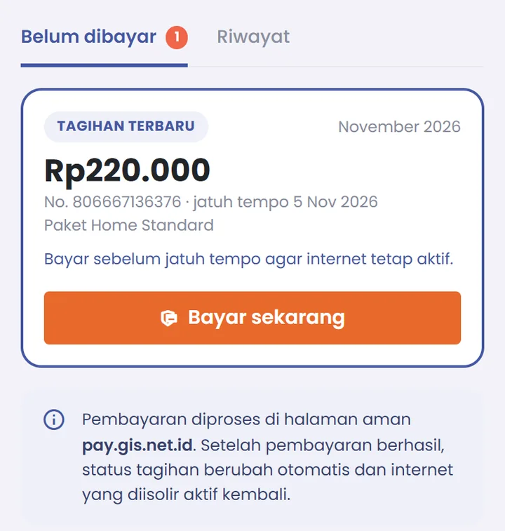 Menu Tagihan di Portal Pelanggan GISNET dengan tombol Bayar sekarang