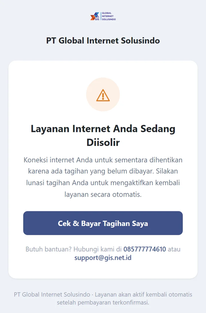 Halaman Layanan Internet Anda Sedang Diisolir dengan tombol Cek dan Bayar Tagihan Saya