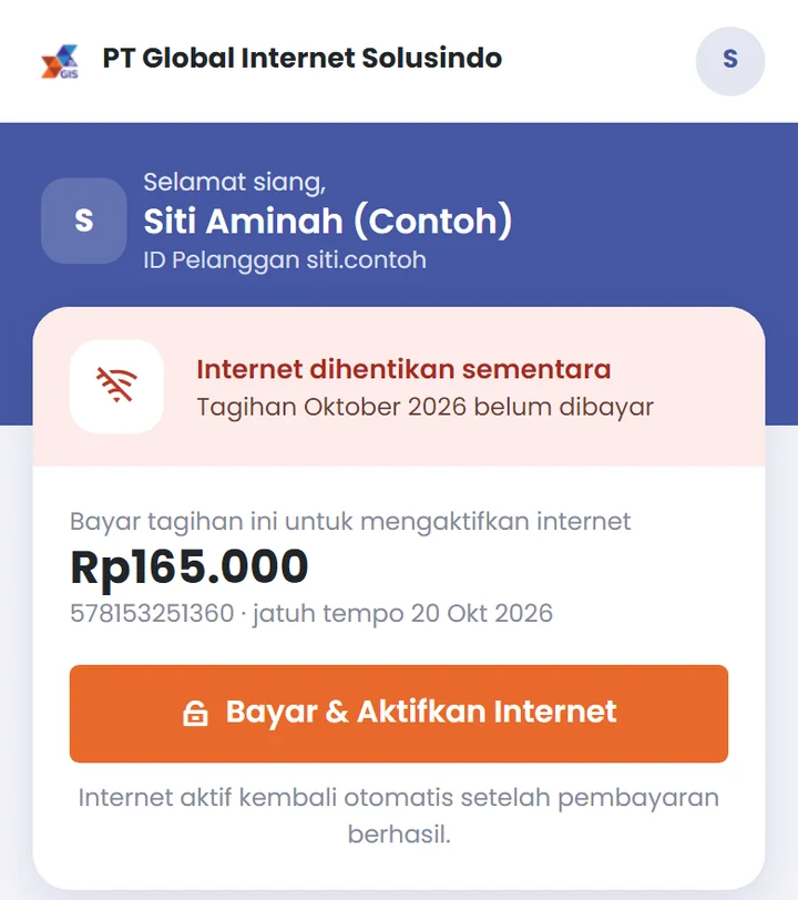 Beranda Portal Pelanggan saat layanan diisolir dengan tombol Bayar dan Aktifkan Internet
