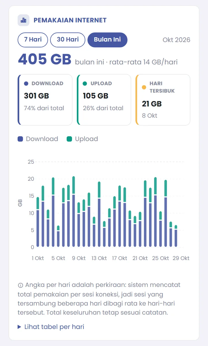 Grafik pemakaian internet harian di Portal Pelanggan GISNET dengan total download dan upload
