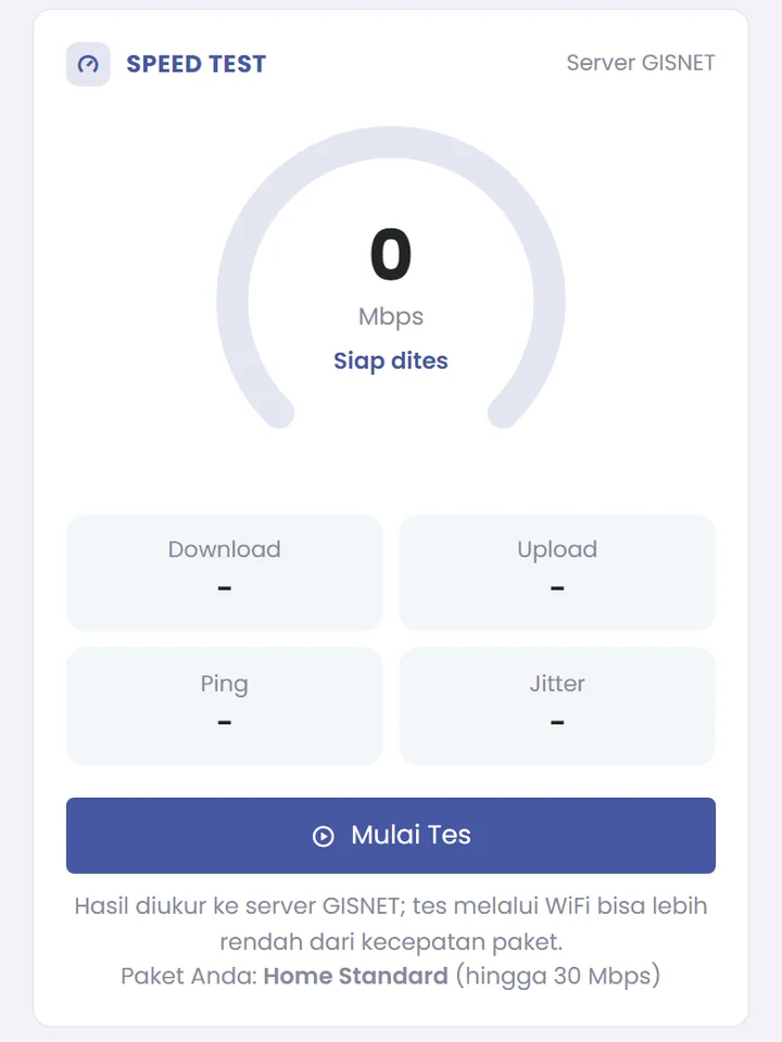 Fitur Speed Test di Portal Pelanggan GISNET dengan hasil download, upload, ping, dan jitter