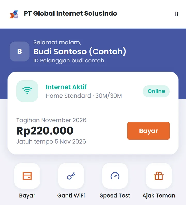 Beranda Portal Pelanggan dengan status internet aktif dan tombol Ganti WiFi