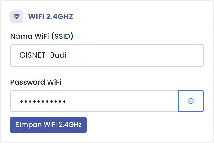 Pengaturan WiFi 2.4GHz: nama WiFi, password, dan tombol Simpan
