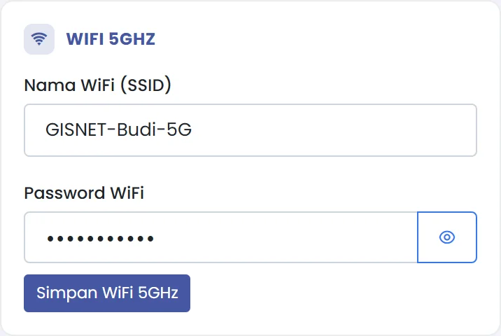 Pengaturan WiFi 5GHz: nama WiFi, password, dan tombol Simpan
